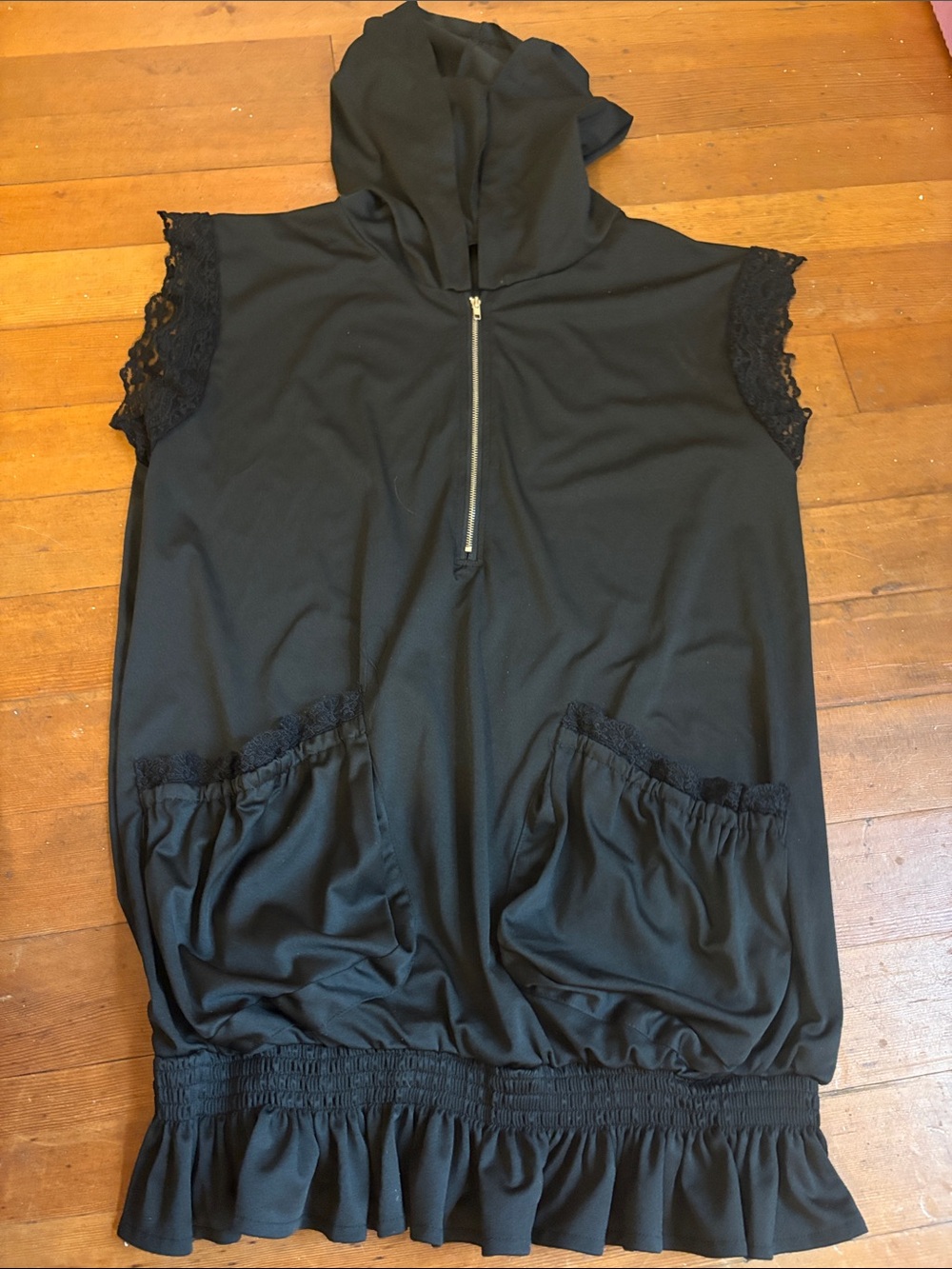 Women’s Black Hooded Tank Top with Lace Trim